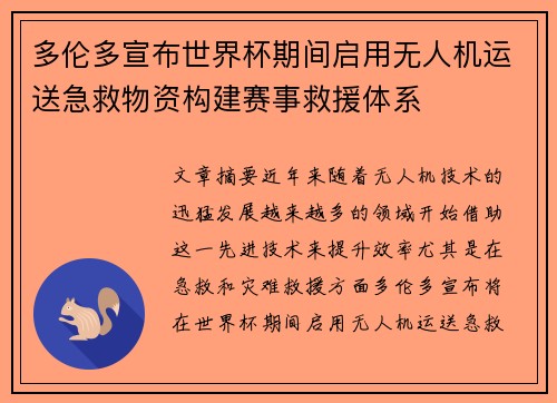 多伦多宣布世界杯期间启用无人机运送急救物资构建赛事救援体系
